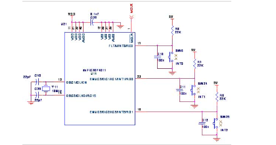 circuit diagram for Interface Interrupts with dsPIC30F4011 dsPIC Development Board