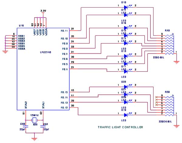 Circuit Diagram to Interface Traffic Light with LPC2148