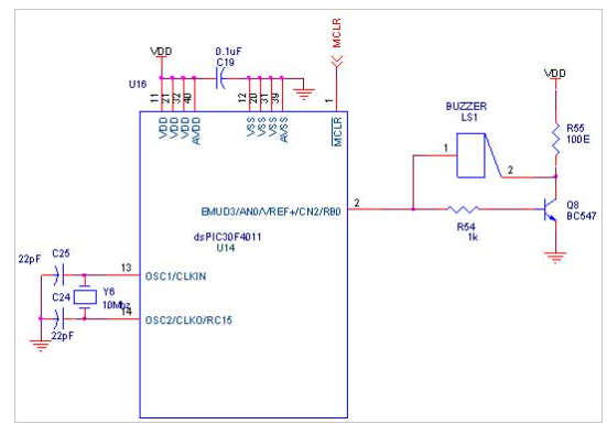circuit diagram for Interface Buzzer with DSPIC Evaluation Board
