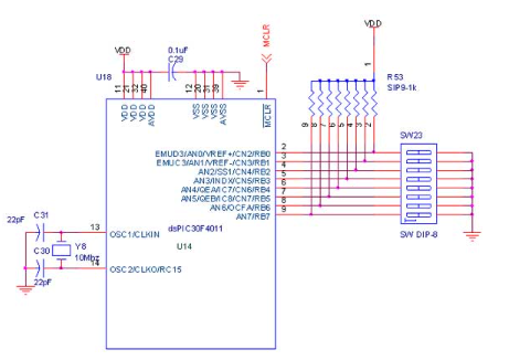 circuit diagram for Interface Switch with dsPIC30F4011 dsPIC Evaluation Board 