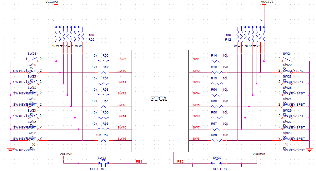 Schematic to interface Slide Switch and Push Button with Spartan3e FPGA Development Kit