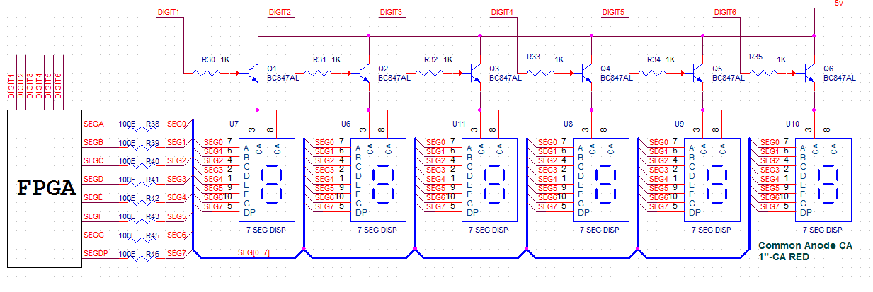 Schematics to interface Seven segment with Spartan3e FPGA Development Kit